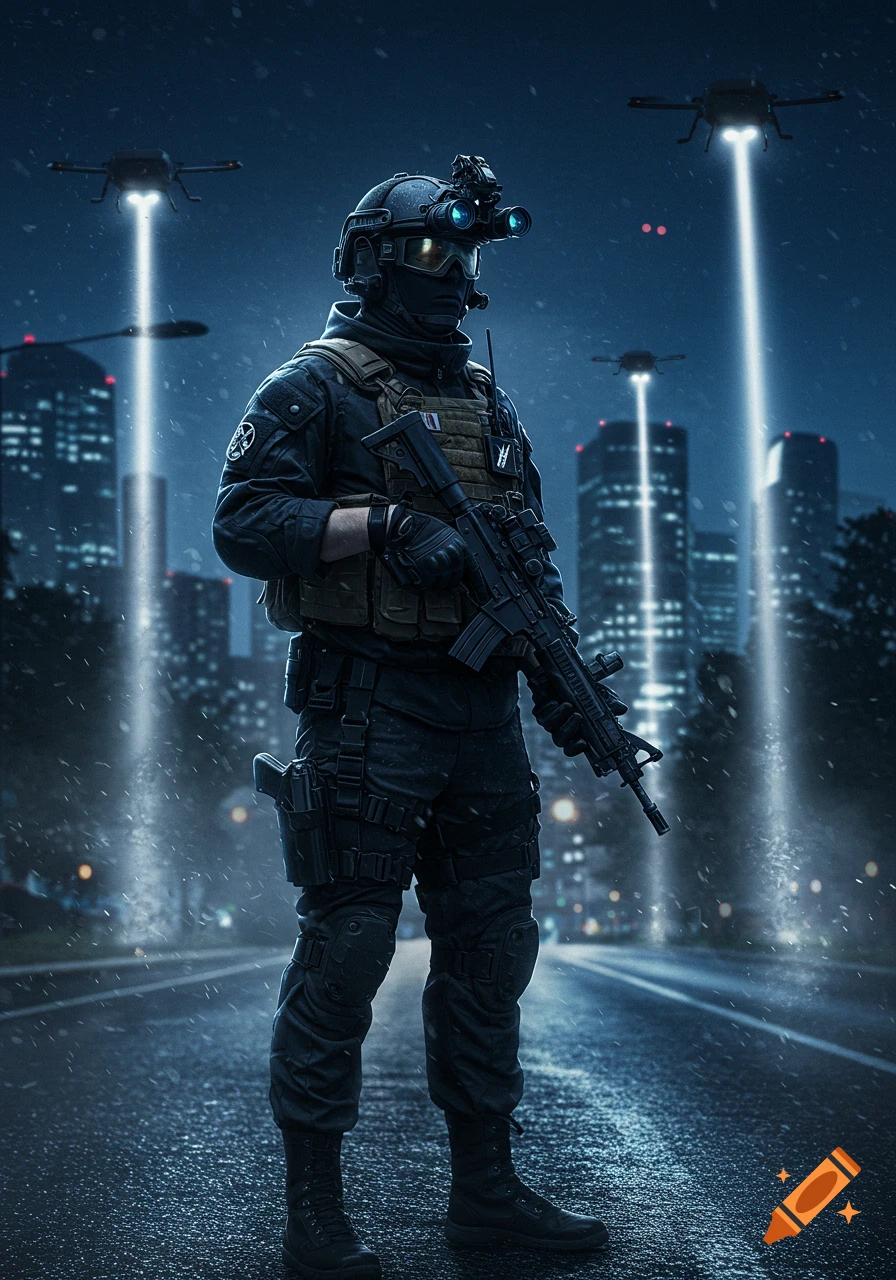 A photorealistic soldier in tactical gear stands on a rainy city street at night, holding a rifle, with drones flying overhead.