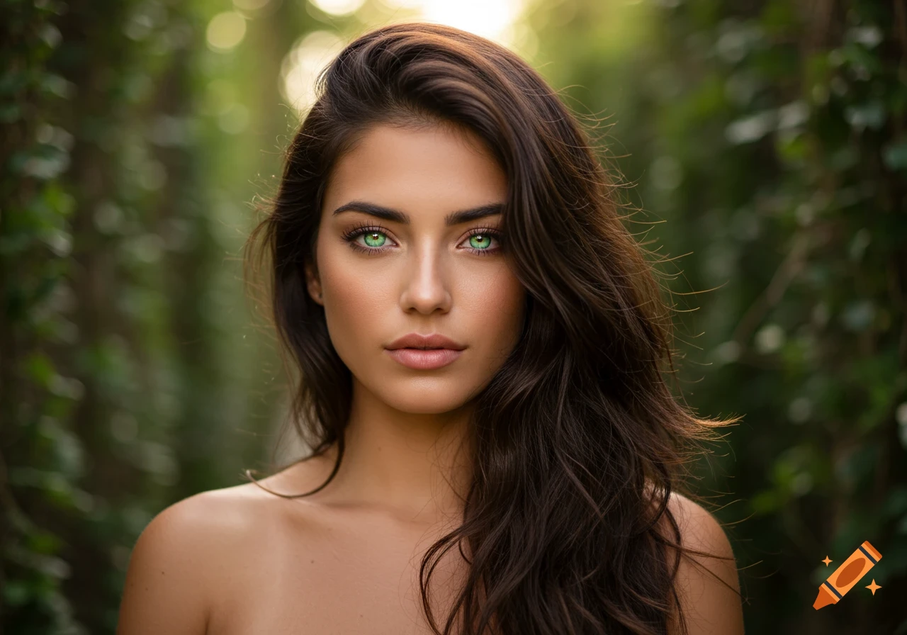 A close-up portrait of a young woman with long wavy dark brown hair and striking green eyes, against a blurred green forest background.