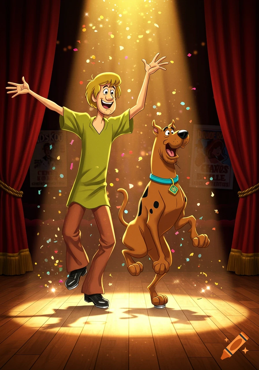 Shaggy and Scooby Doo tap dance under a spotlight on a stage with confetti, in a cartoon style.