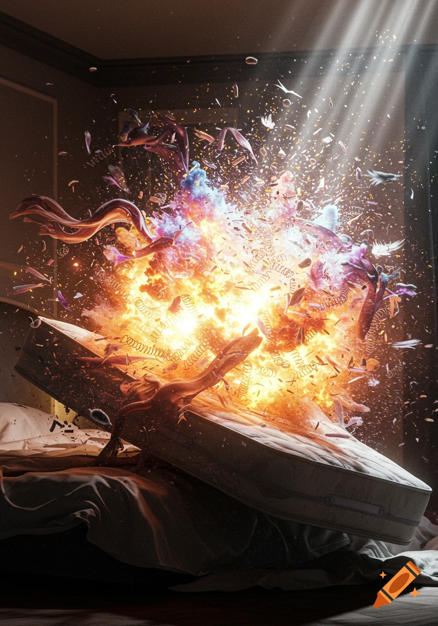 A mattress explodes in a dark bedroom, scattering fire, springs, and debris under bright sunbeams.