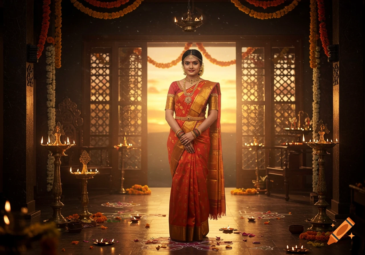 A young woman in a traditional red and gold saree stands in a decorated room with oil lamps and garlands, a bright sky visible through an archway.