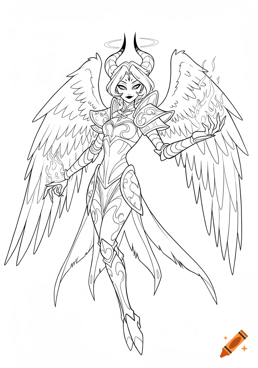 Black-and-white line art of an angel-demon hybrid Overlord with horns, wings, ornate armor, and holding hellfire.