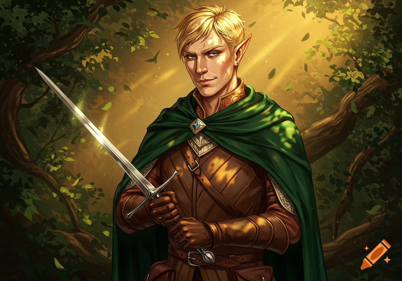 Digital painting of a blond male elf with an arrogant look, holding a sword in a sunlit forest.