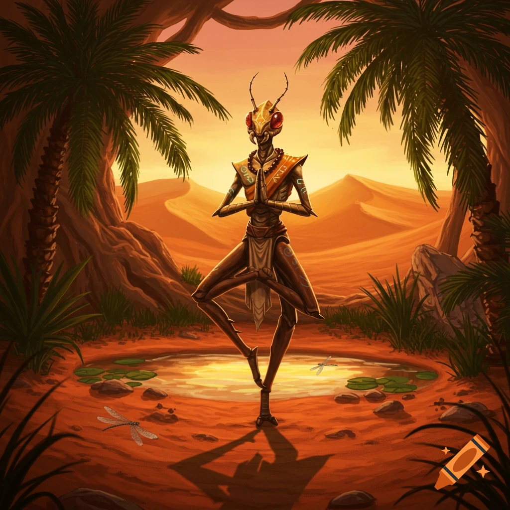 An insectoid Thri-kreen monk meditates in a yoga pose at a desert oasis with palm trees and sand dunes, fantasy art style.