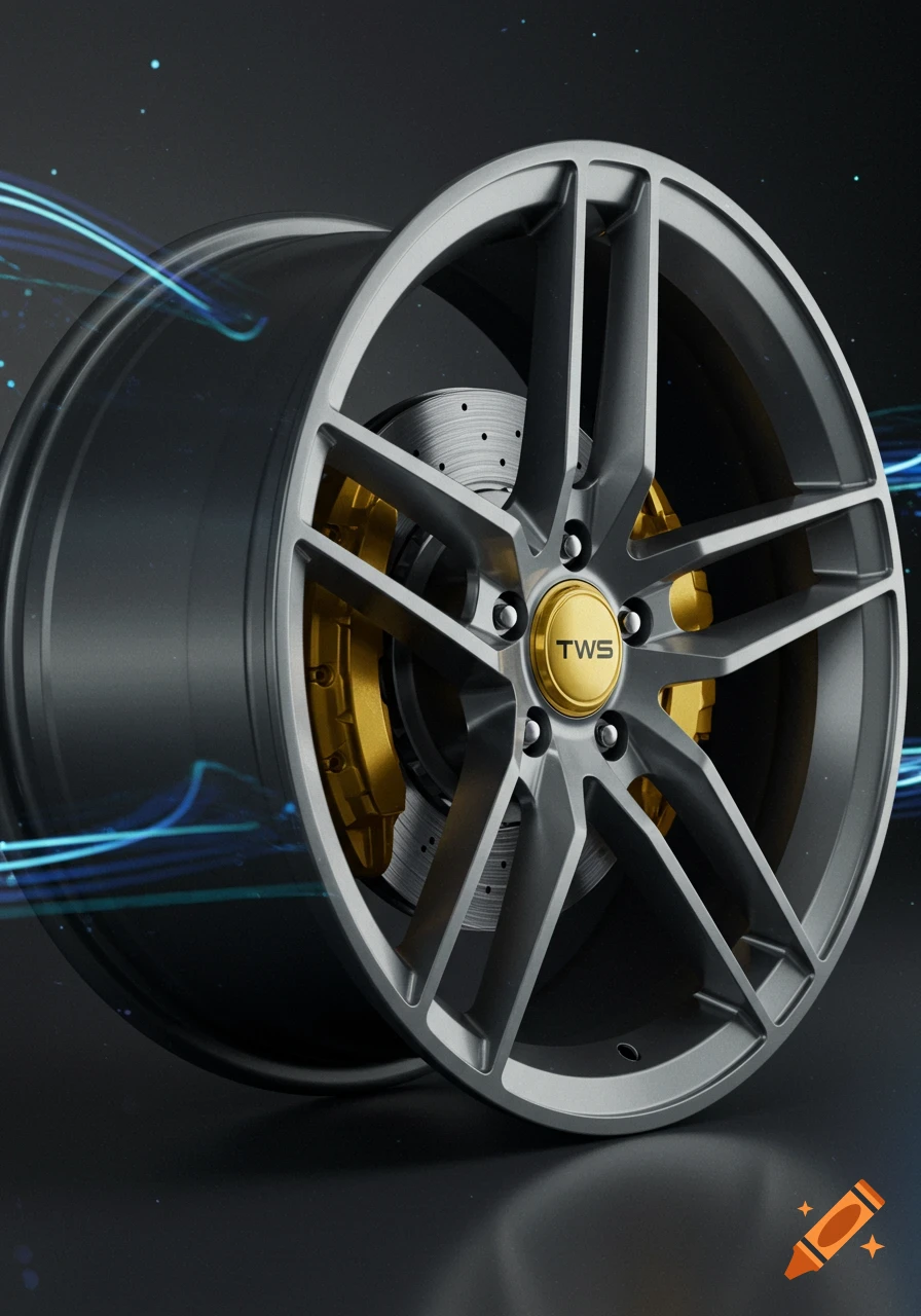 Photorealistic silver car wheel with a gold center cap and calipers on a dark background with blue light trails.