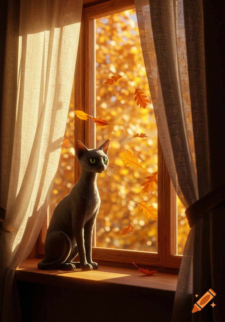 A slender gray cat with green eyes sits on a sunlit windowsill, looking out at orange and yellow autumn leaves falling past the window.