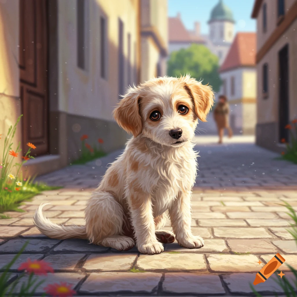 A cute, fluffy light brown and white puppy with big eyes sits on a cobblestone street in a sunny, stylized European town.