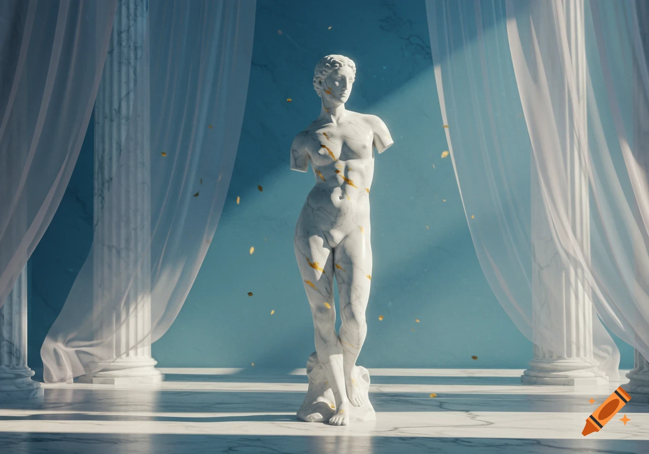 A white marble statue of a male torso with golden accents stands in a classical room with columns, sheer drapes, and a blue background, lit by sunlight.