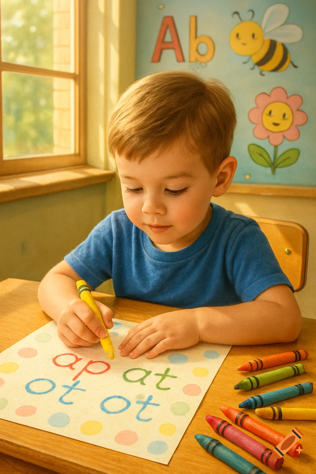 A young boy with a yellow crayon writes phonics on paper at a wooden desk with crayons, a window, and a blackboard in the background.