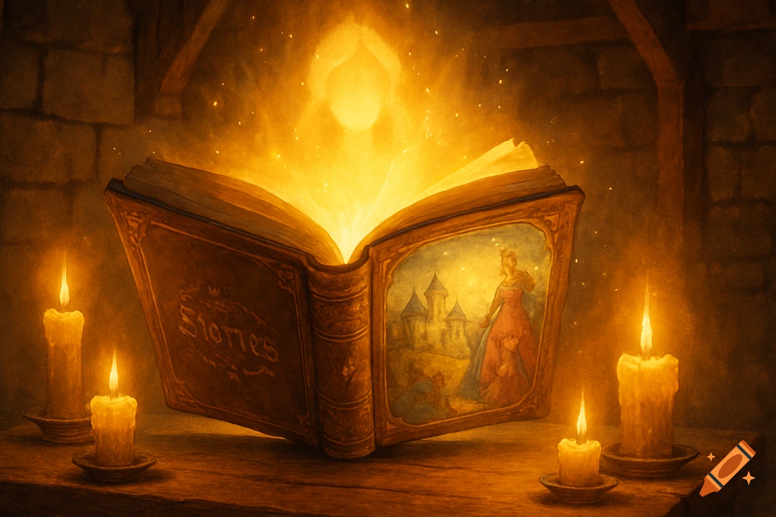 A glowing enchanted storybook titled 'Stories' open on a wooden table, surrounded by flickering candles, in a painterly, warm fantasy style.