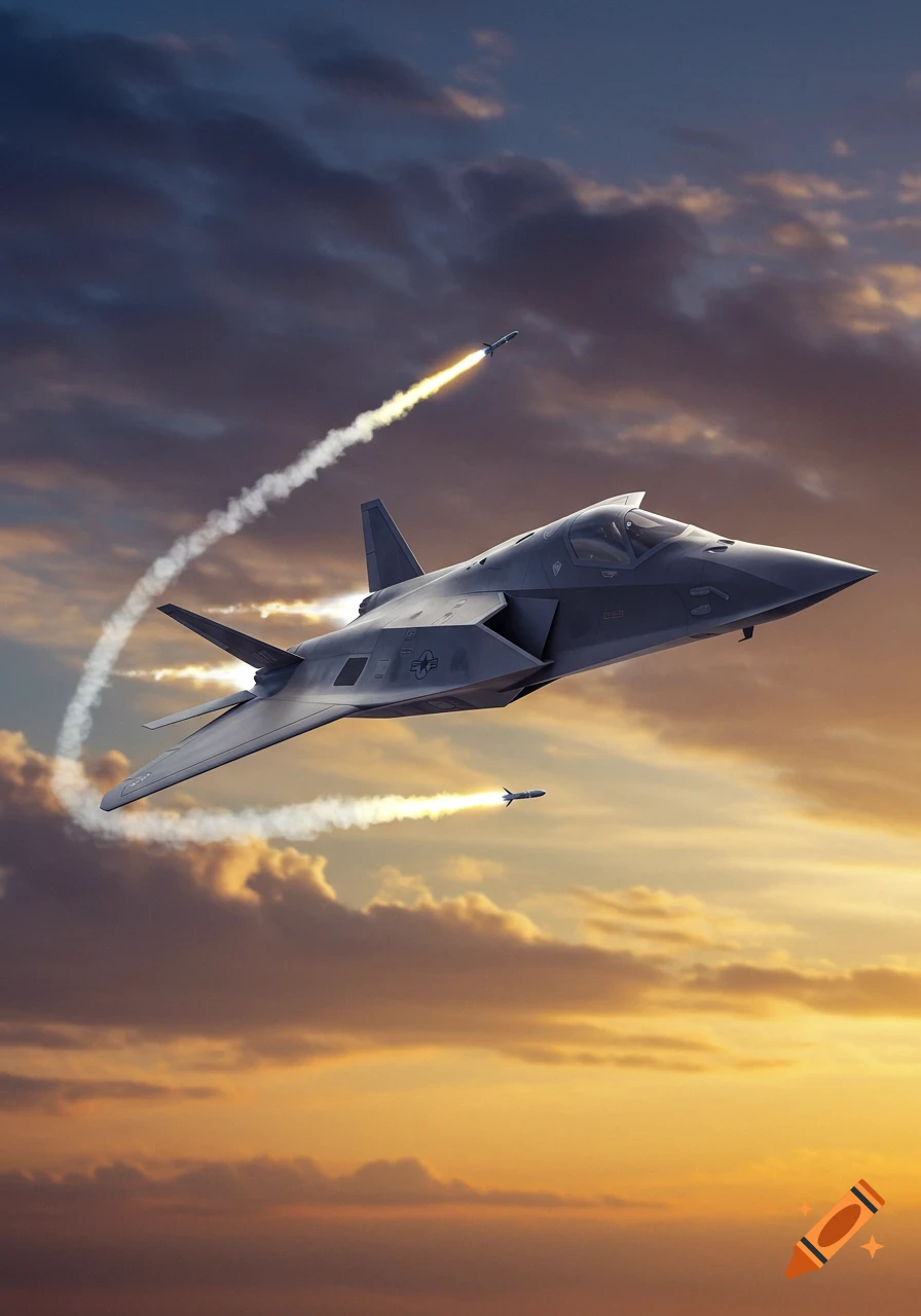 A dark, futuristic stealth jet airplane flies through a dramatic sunset sky, firing two missiles with bright fiery trails.