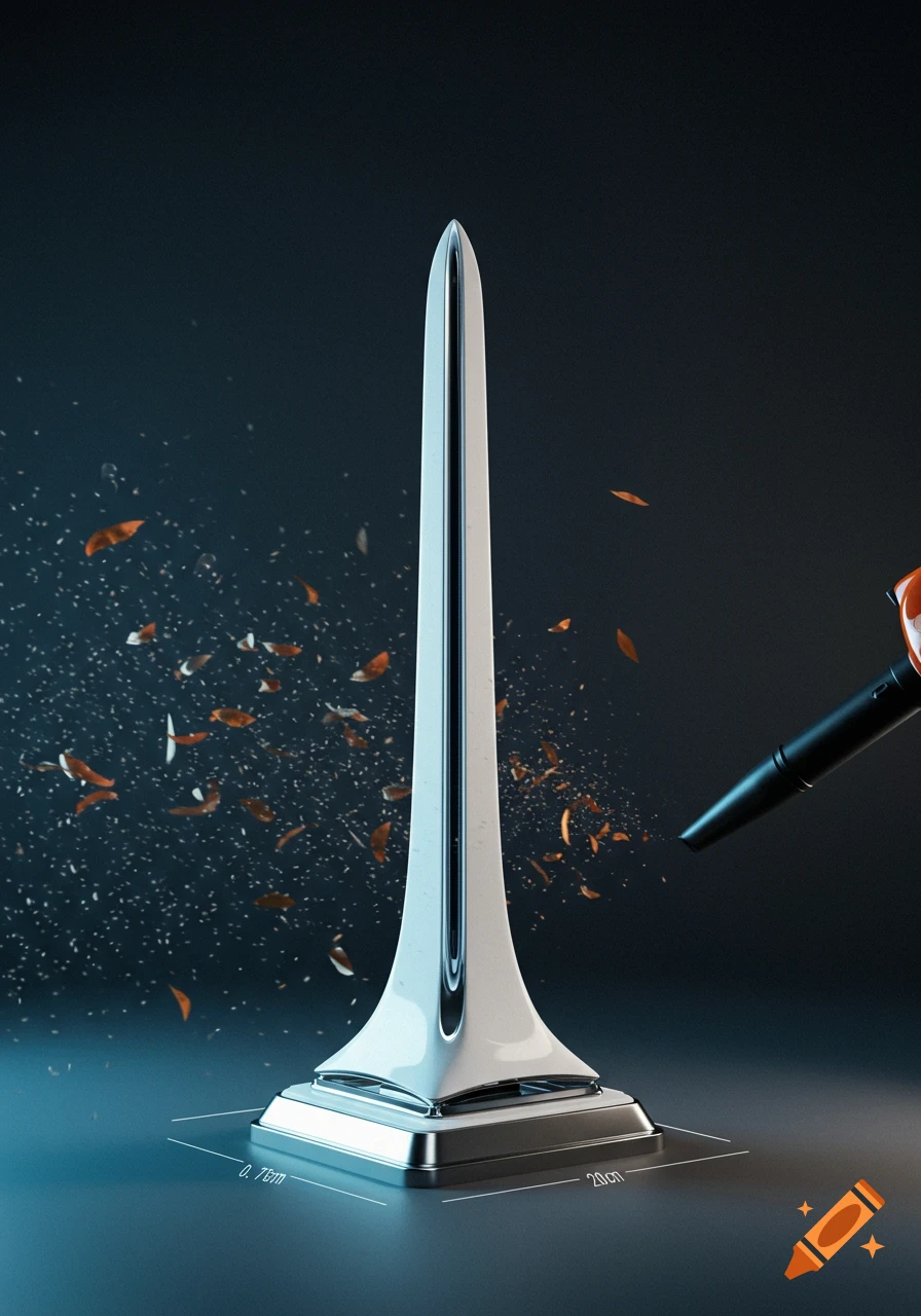A sleek white and silver tower stands against a leaf blower, with debris flying around it in a modern studio setting.