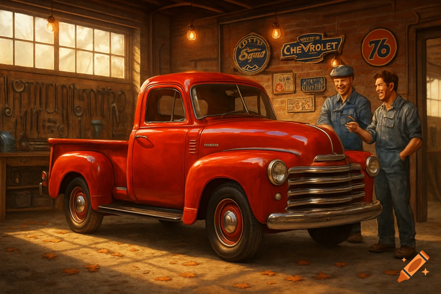 Two men stand by a red vintage pickup truck in a sunlit garage with signs on the brick wall.