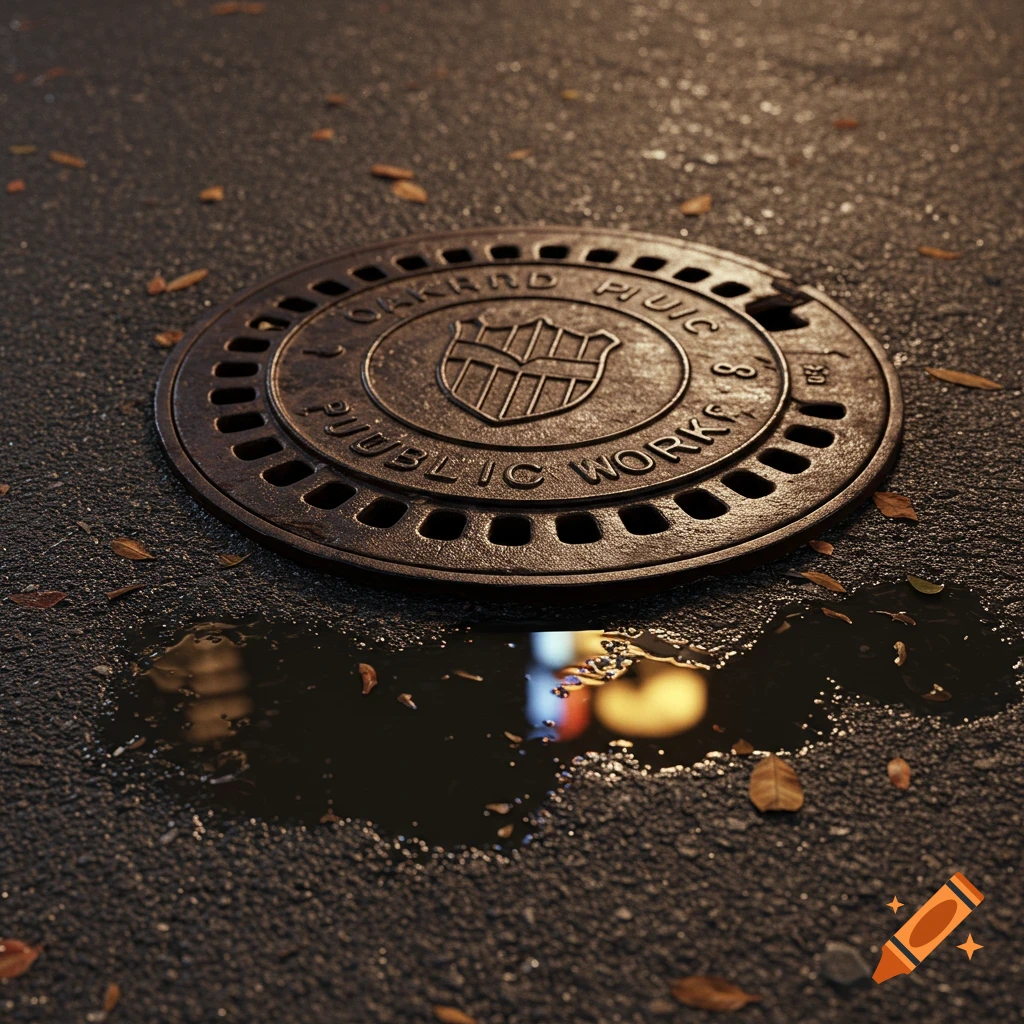 A close-up, photorealistic view of a rusty "OAKLAND PUBLIC WORKS" manhole cover on dark asphalt with scattered dry leaves and a small puddle reflecting lights.