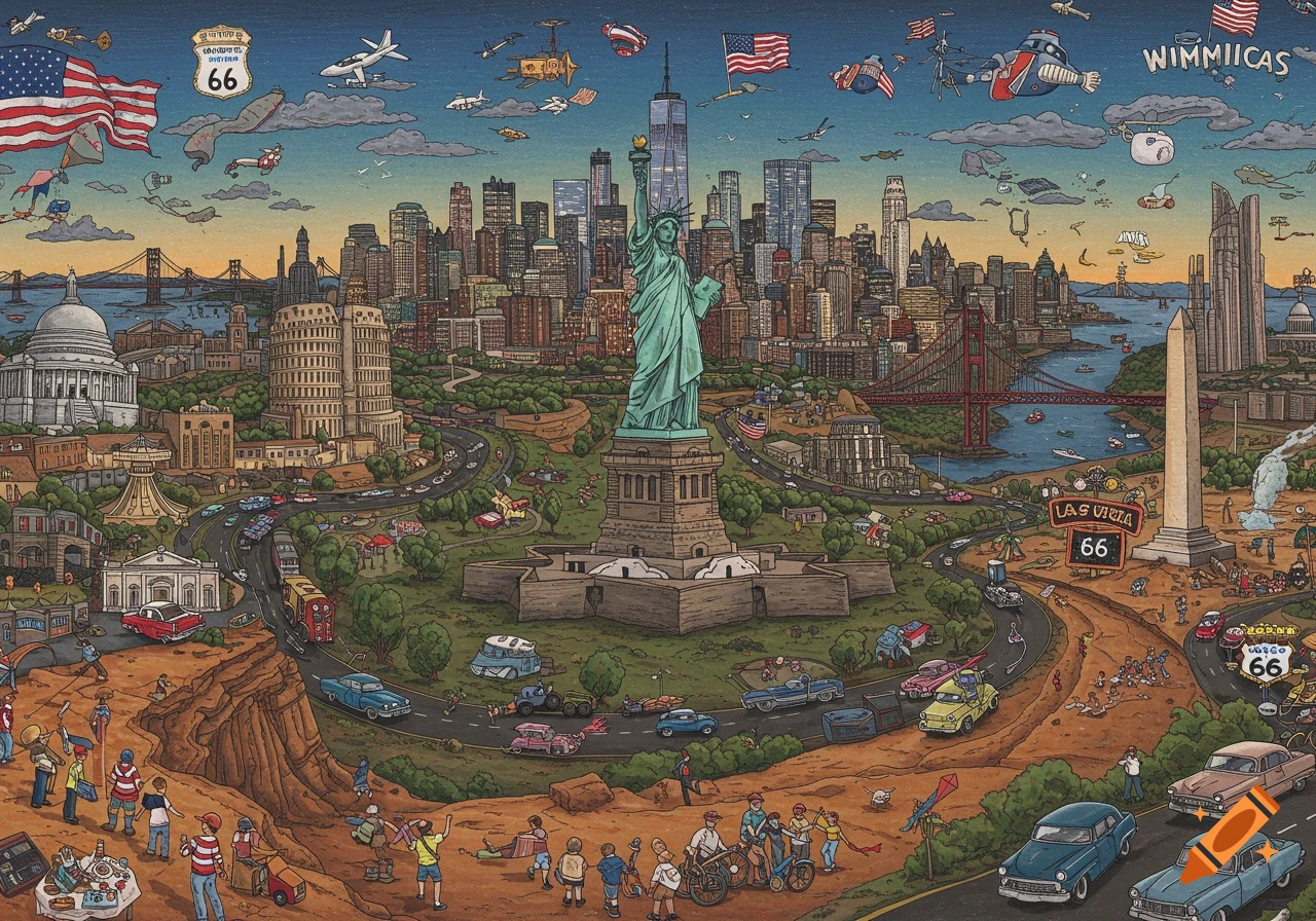 A detailed Wimmelbild illustration of famous US landmarks, including the Statue of Liberty, Washington Monument, and Golden Gate Bridge, with many small figures and vehicles.