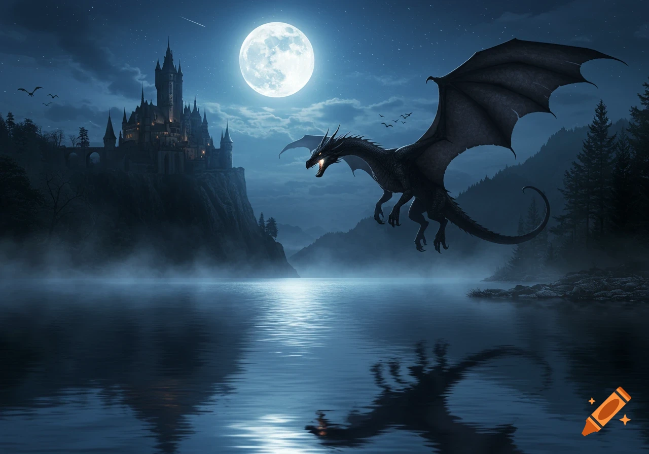 A dark dragon flies above a misty lake at night. A full moon illuminates a towering castle on a cliff and mountains in the distance.
