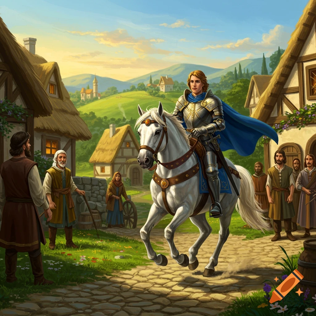 A knight in shining armor on a white horse rides through a sunny medieval village, greeted by villagers. Digital painting.