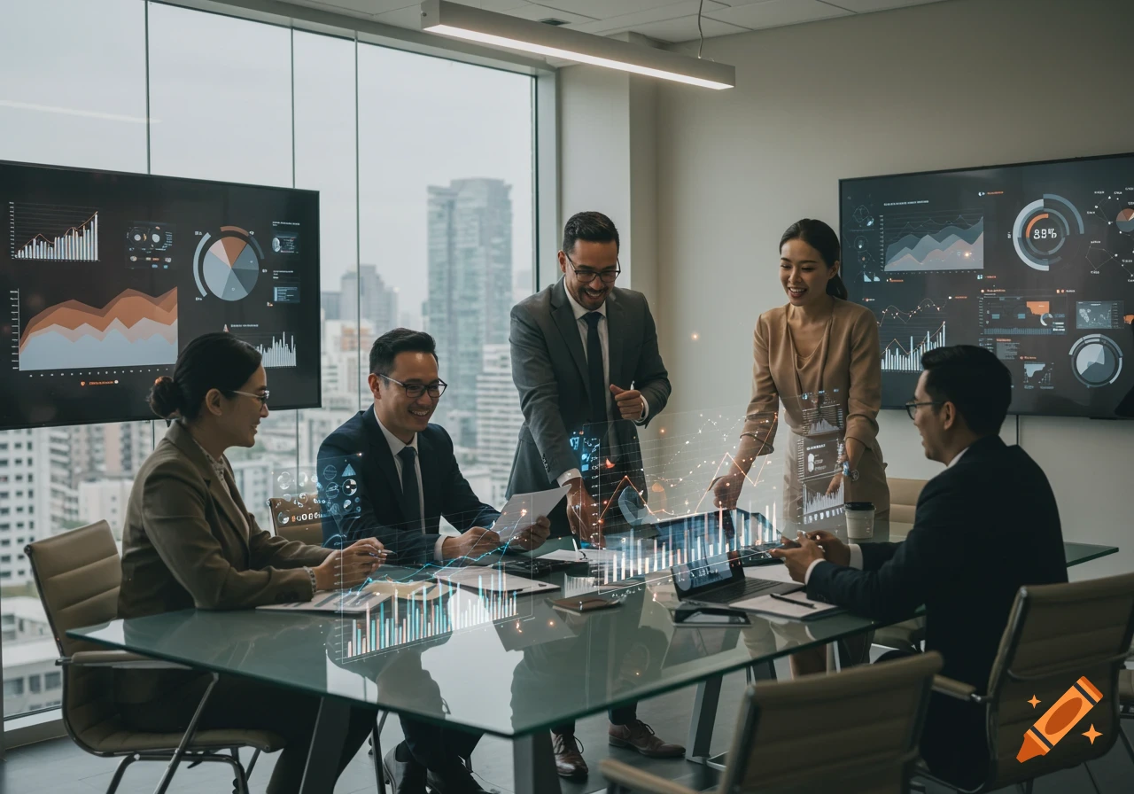 Diverse business professionals discuss data and holographic projections at a modern conference table in an office overlooking a city.