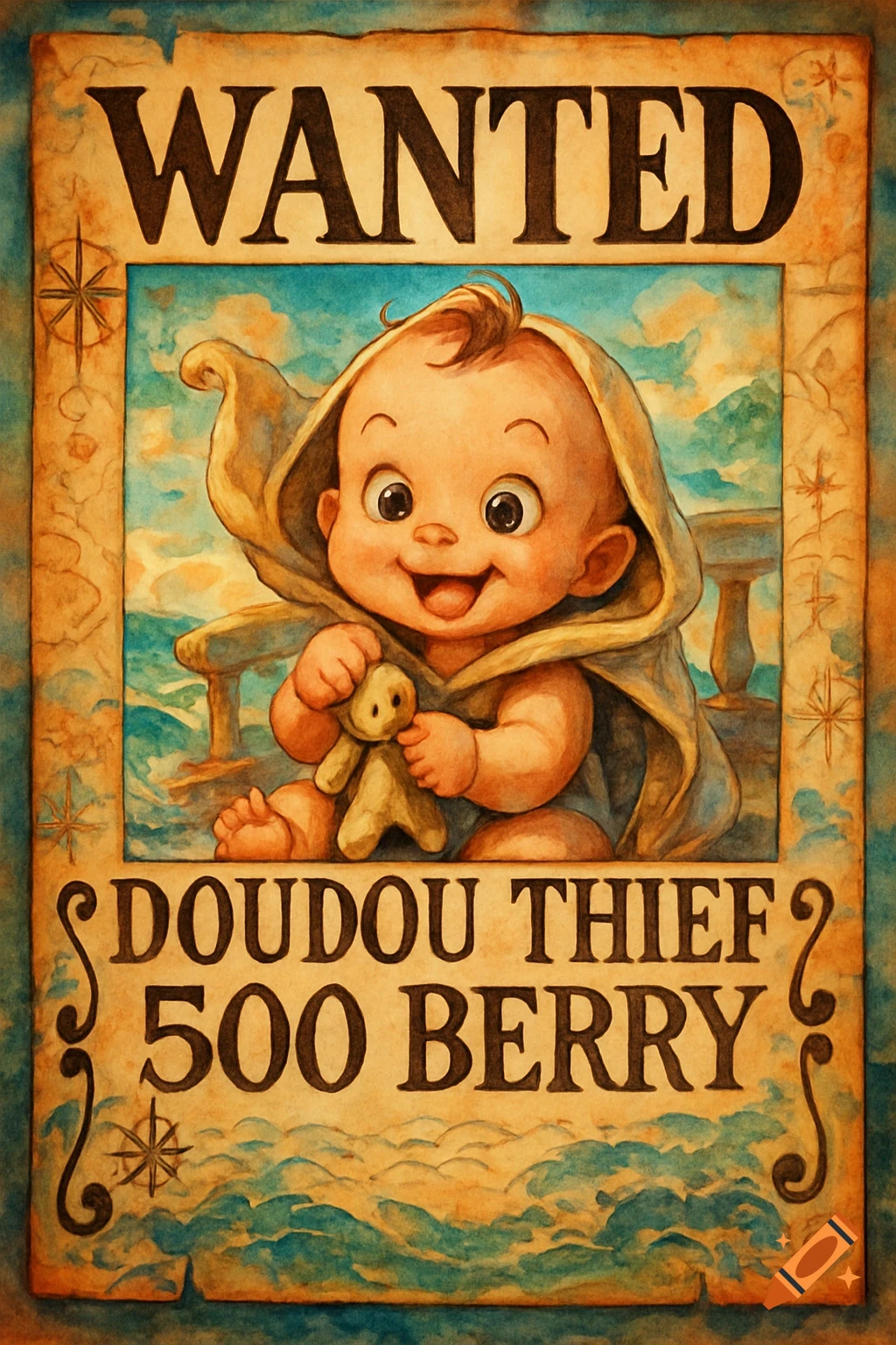 Watercolor wanted poster of a smiling baby in a cloak holding a teddy bear, with text 'WANTED DOUDOU THIEF 500 BERRY'.