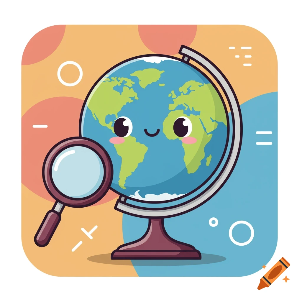 Bright, colorful cartoon globe with a happy face and magnifying glass on a vibrant abstract background in a modern style.