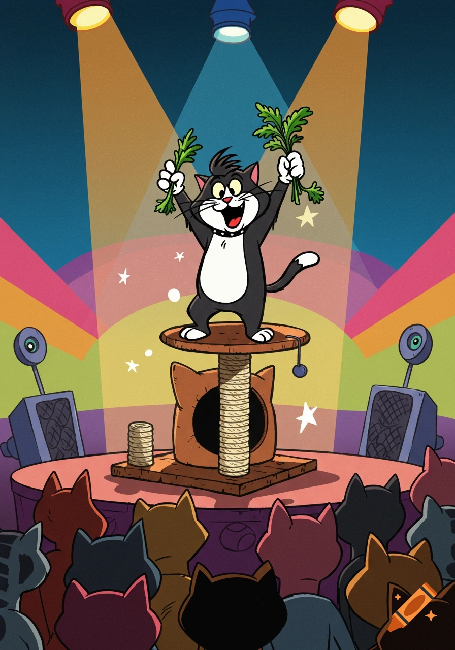 A cartoon cat on a scratch post stage holds catnip to a cat audience under spotlights, in a 1960s Hanna-Barbera style.