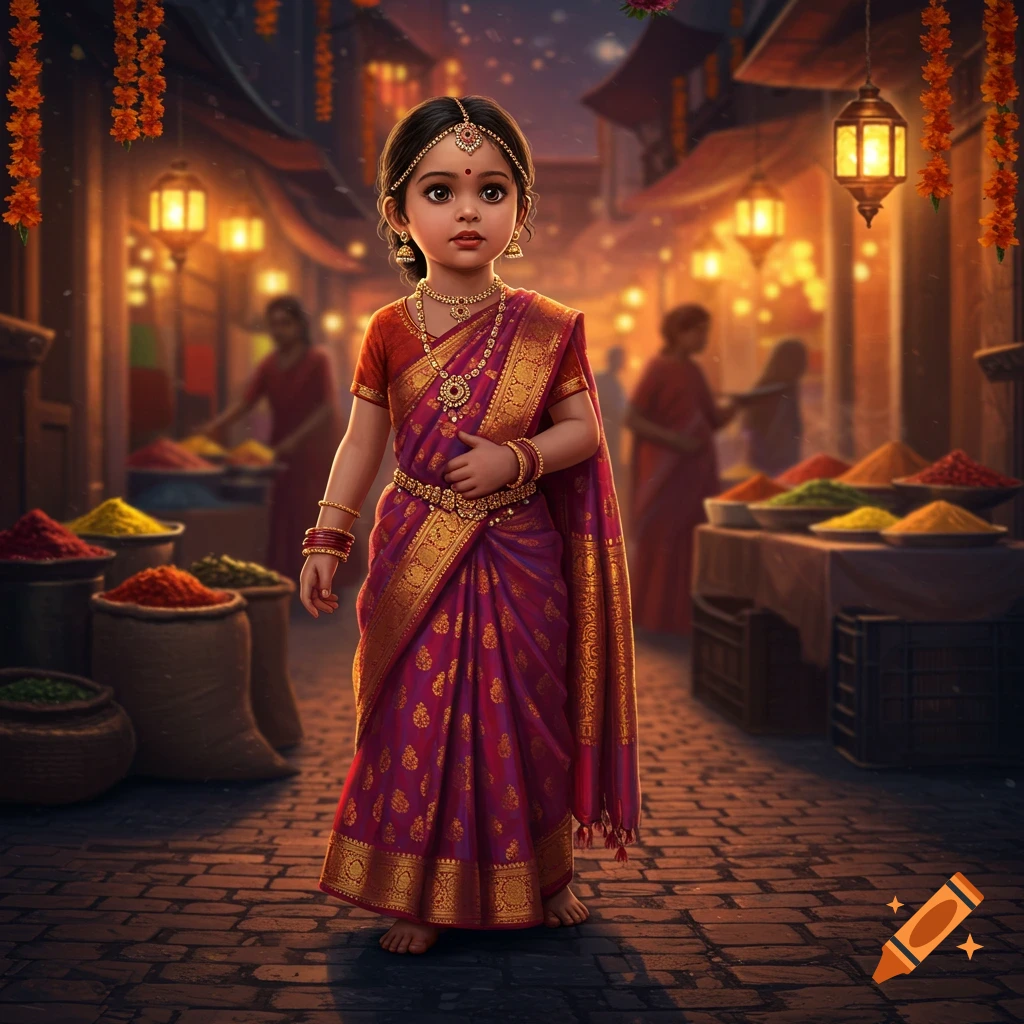 Young Indian girl in a traditional purple and gold sari with jewelry, standing in a vibrant, illuminated market at dusk.