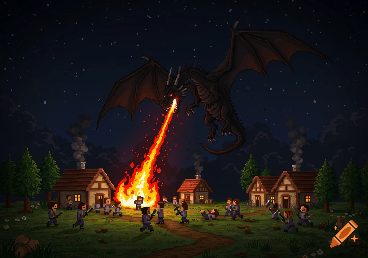 A pixelated black dragon breathes fire on a village at night as terrified villagers flee.