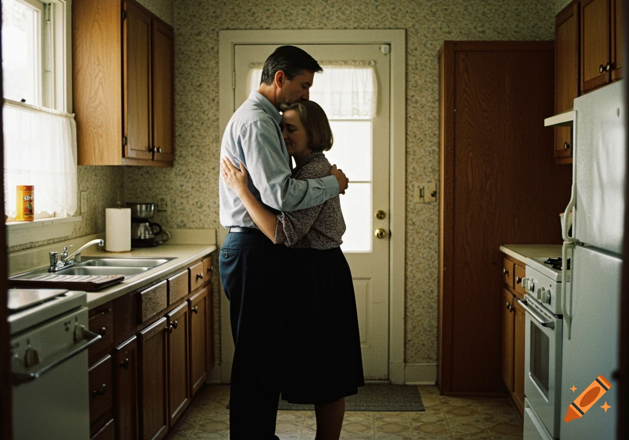 A man and woman embrace in a 1990s kitchen, the man gently kissing her forehead, in a warm-toned, film photograph.