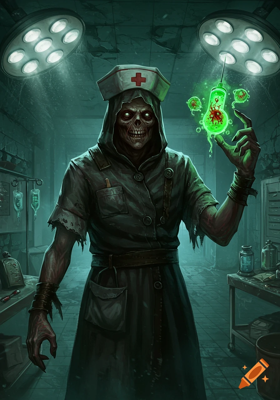 A dark fantasy illustration of a decaying, hooded nurse holding a glowing green syringe with diseased cells in an eerie medical room.