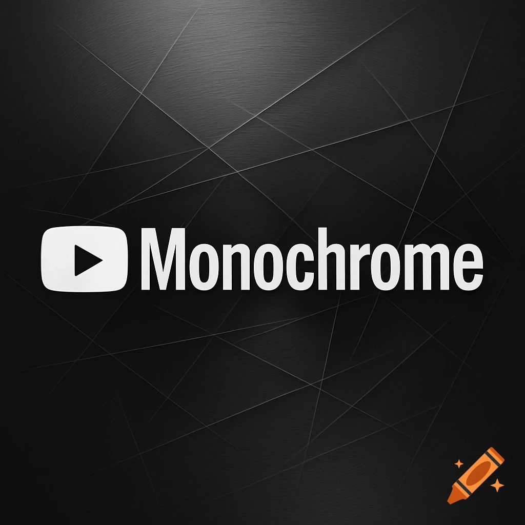 A monochrome logo featuring a white YouTube play button icon and the word 'Monochrome' on a dark abstract background.