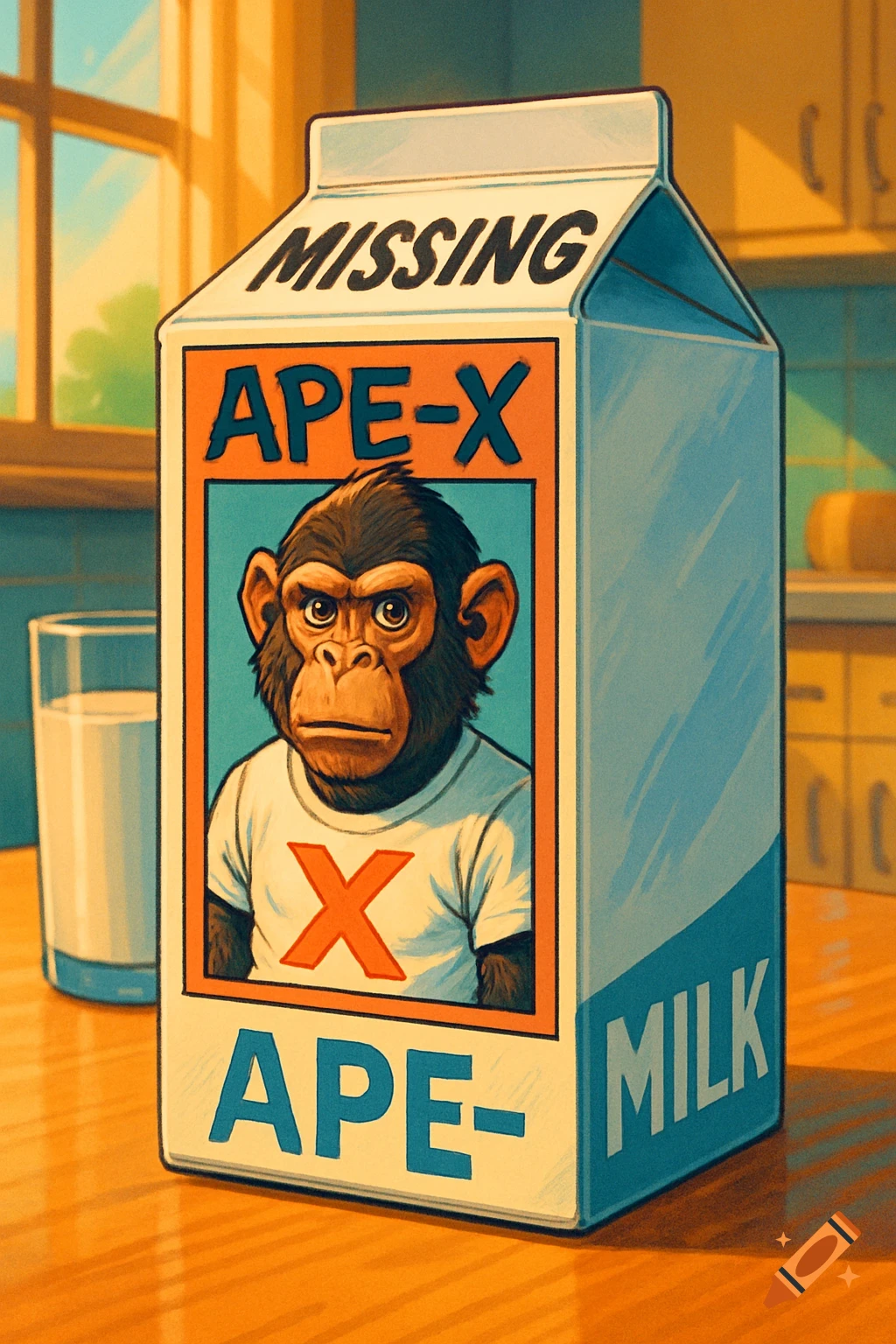 Cartoon chimpanzee wearing an X-shirt on a 'MISSING APE-X MILK' carton in a retro kitchen.