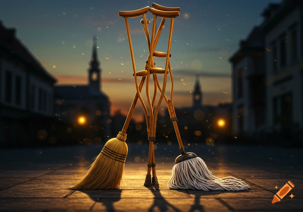 Two wooden crutches stand on a paved street at dusk, flanked by a straw broom and a mop, with blurred city buildings in the background.