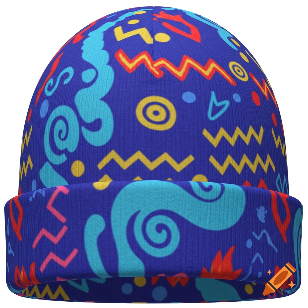 A blue beanie hat with a vibrant, abstract pattern of turquoise swirls, yellow zigzags, red shapes, and pink lines.