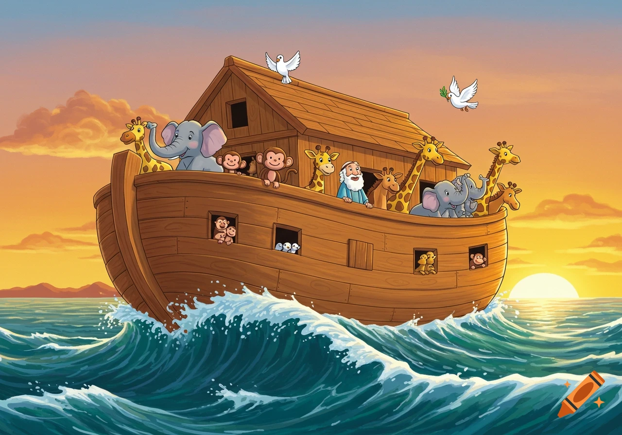 Cartoon Noah's Ark with Noah, elephants, giraffes, monkeys, and doves sailing on wavy seas at sunset.