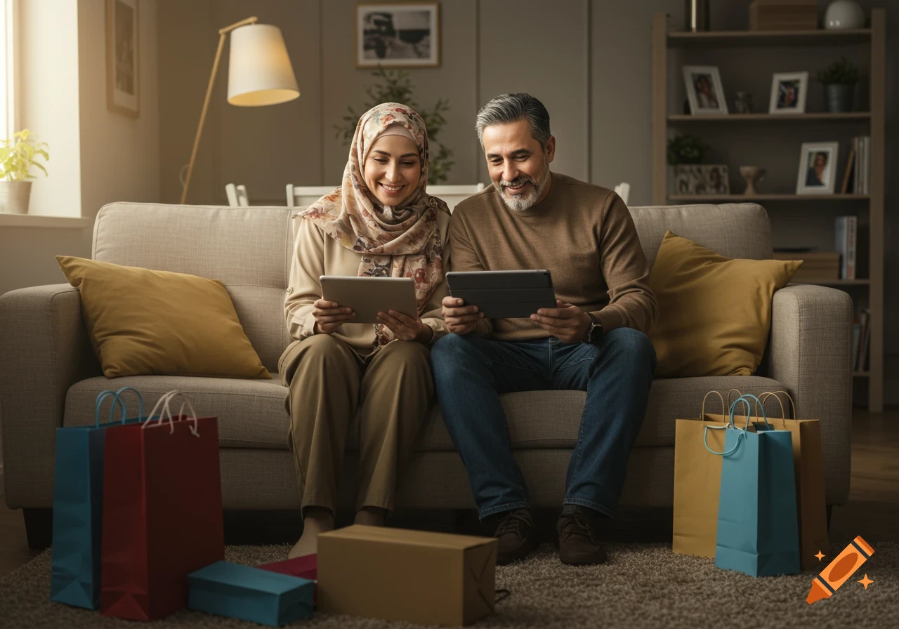 A smiling Muslim couple sits on a sofa, looking at their tablets with shopping bags and parcels around them in a photorealistic living room.