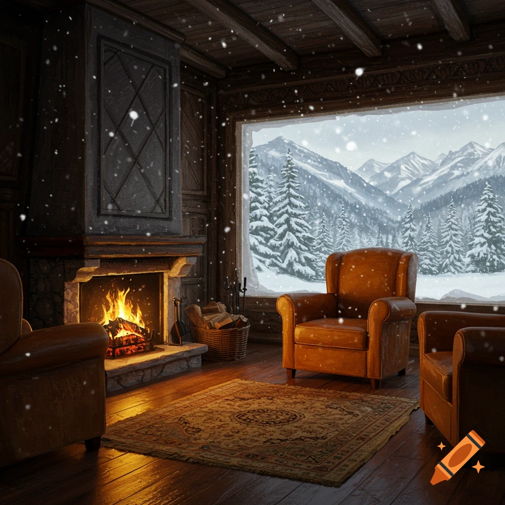 Cozy mountain living room with a lit fireplace, leather armchairs, and a large window looking out onto a snowy mountain landscape.
