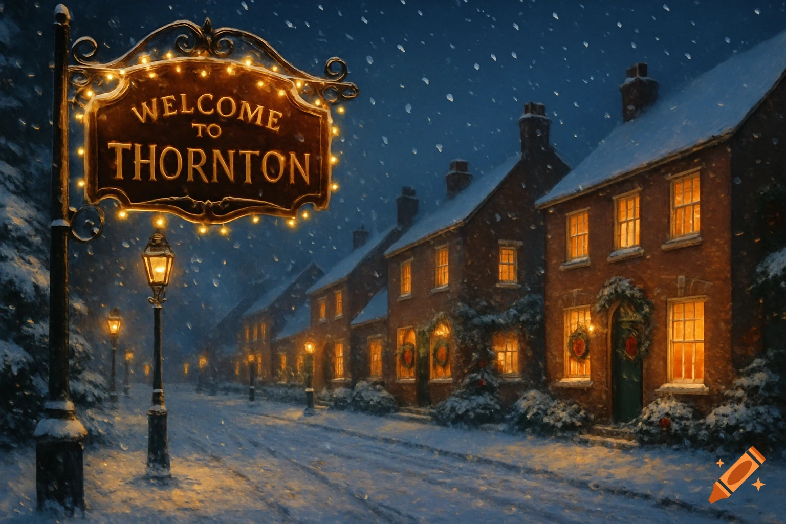 A snowy street scene at night, featuring a 'Welcome to Thornton' sign, brick houses with glowing windows, and Christmas decorations, in a painterly style.