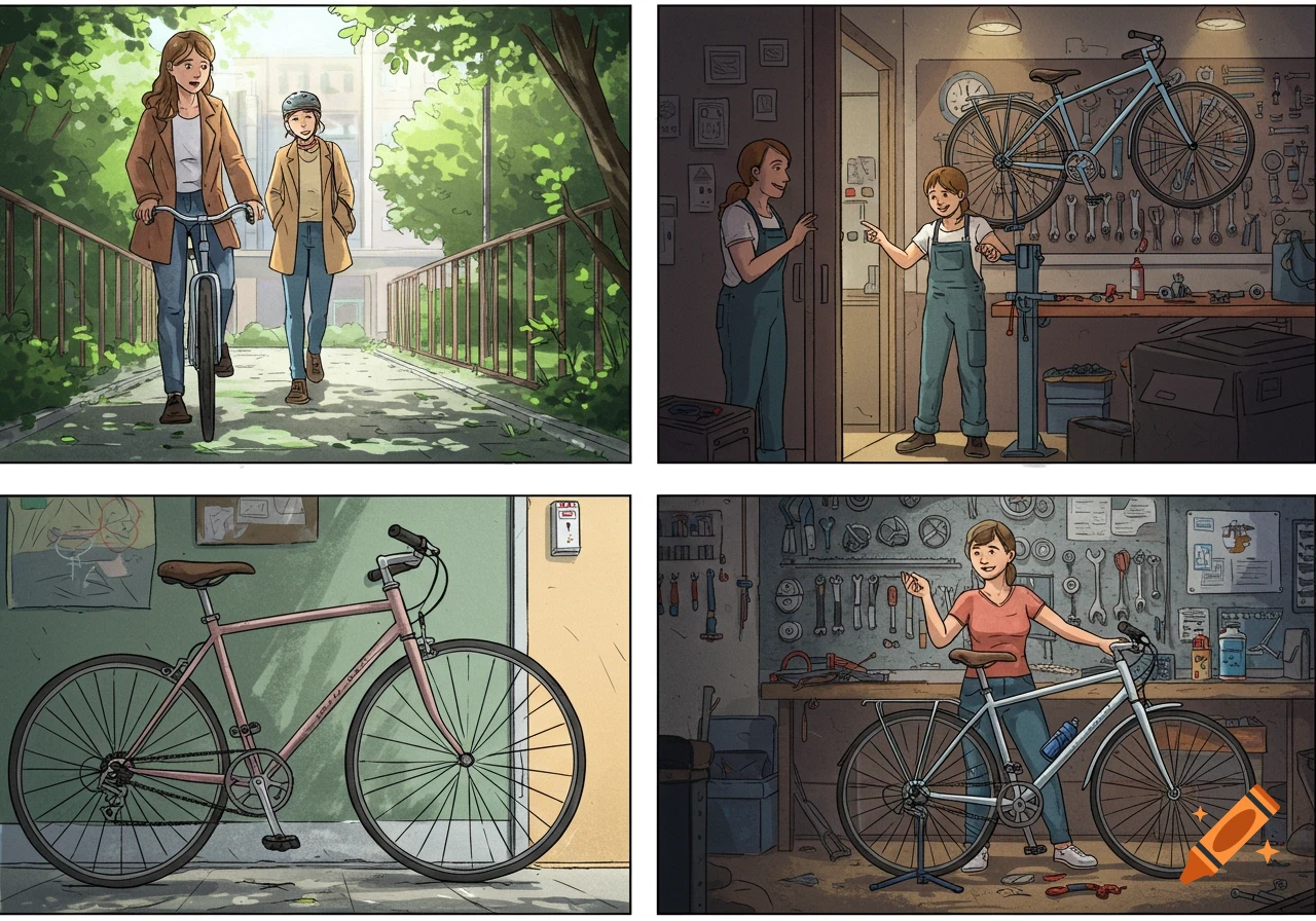 A four-panel comic strip. First, a woman with a bike walks with a child. Second, two women in a bike shop. Third, a pink bike. Fourth, a woman with a white bike.