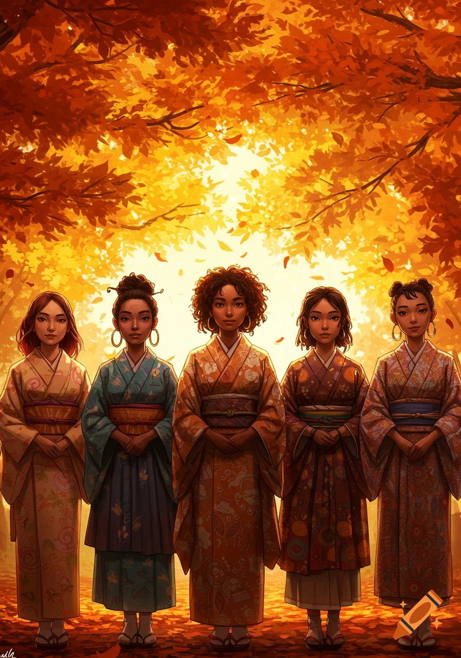 Five anime-style women in colorful kimonos stand in an autumn forest with bright orange and yellow leaves.