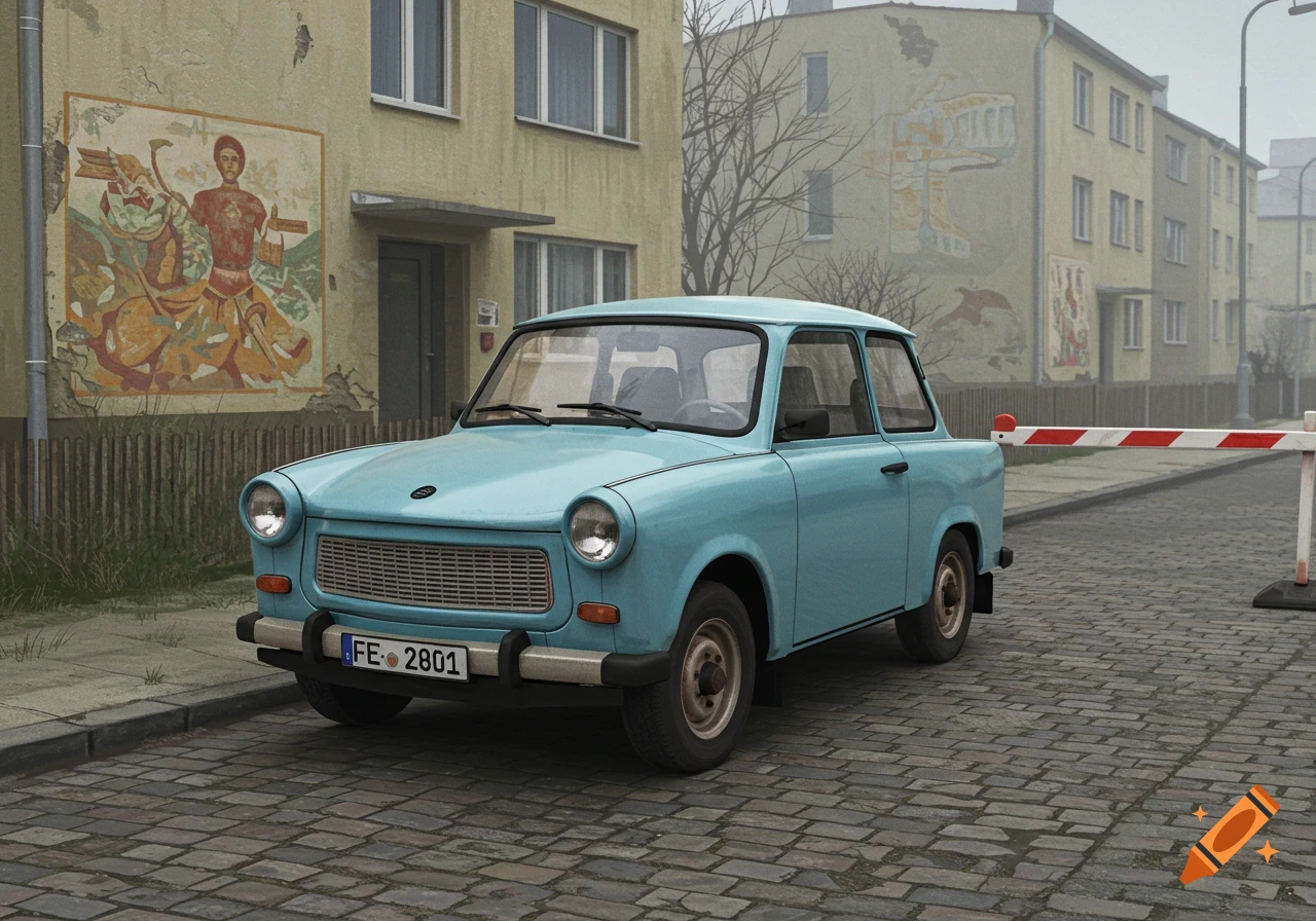 A light blue Trabant car is parked on a cobblestone street in front of old, faded buildings with murals on a foggy day.