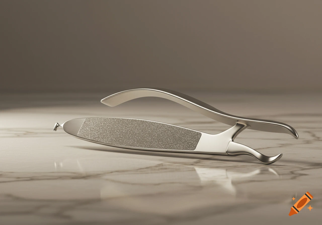 A sleek, metallic foot file with a textured abrasive surface rests on a reflective white marble countertop, photorealistic.