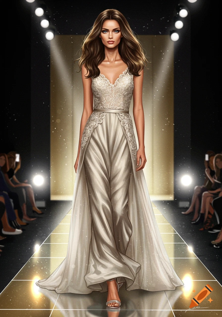 A brown-haired model in a white lace and satin gown walks a reflective runway under spotlights in an illustrated style.