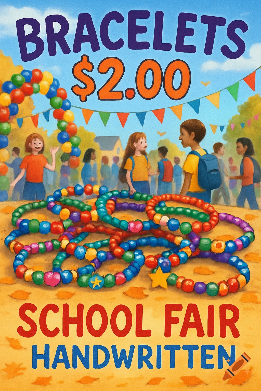 An illustrated school fair poster advertises colorful beaded bracelets for $2.00, with children and a balloon arch in the background.