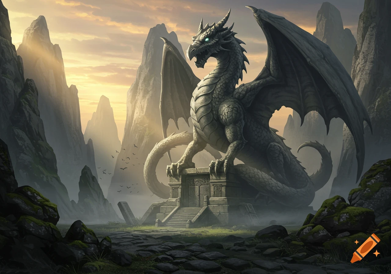 A majestic stone dragon statue with glowing eyes on an ancient platform in a dramatic, misty mountain valley at sunset.