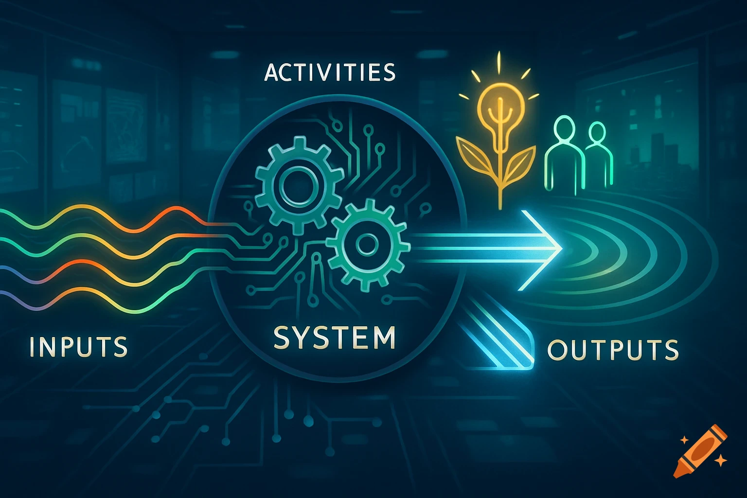 A glowing futuristic digital illustration of a conceptual system diagram with inputs, activities, system, and outputs.