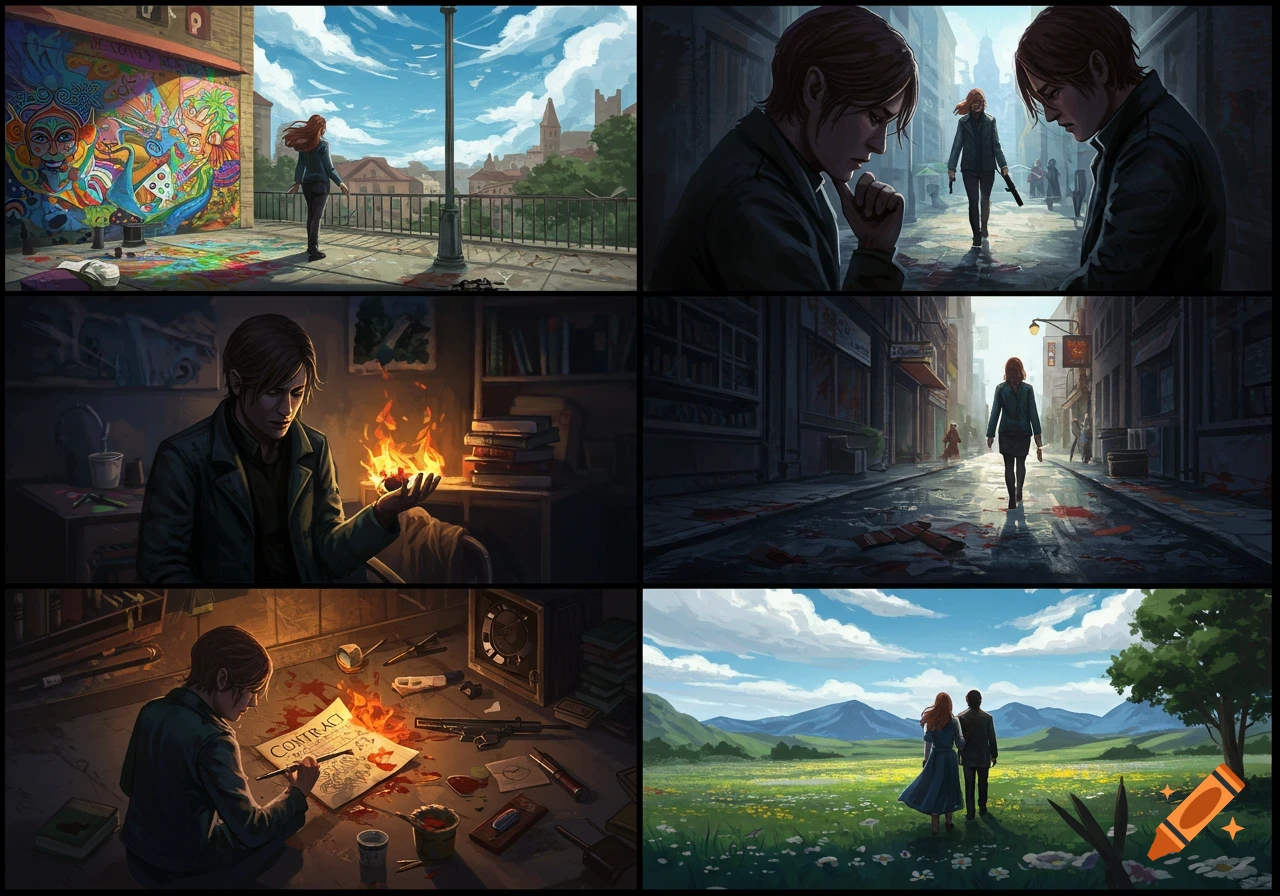 Six graphic novel style panels depict a story: a woman with a colorful mural, a man holding fire, a woman on a city street, a tense confrontation, a man burning a contract, and a couple walking in a field.