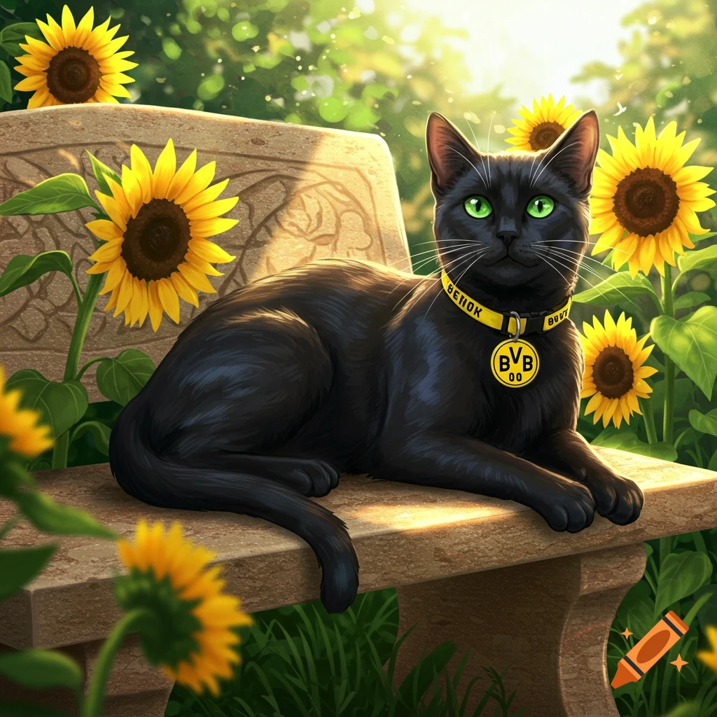 A black cat with bright green eyes wearing a yellow collar with a BVB logo tag, sitting on a stone bench surrounded by sunflowers in a sunny garden.
