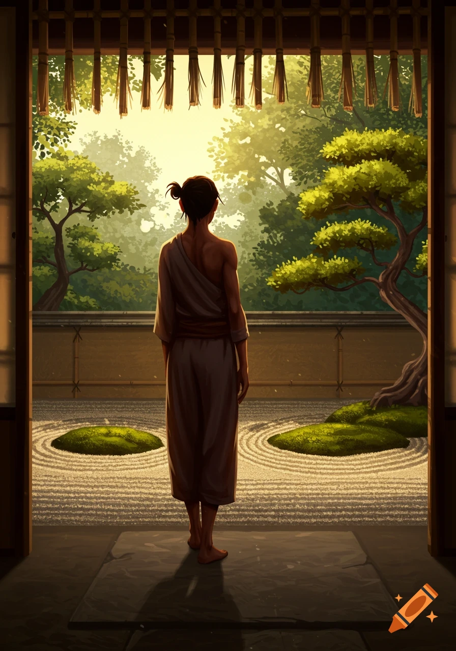 A person in a loose robe stands looking out at a serene Japanese zen garden with raked sand and moss islands.