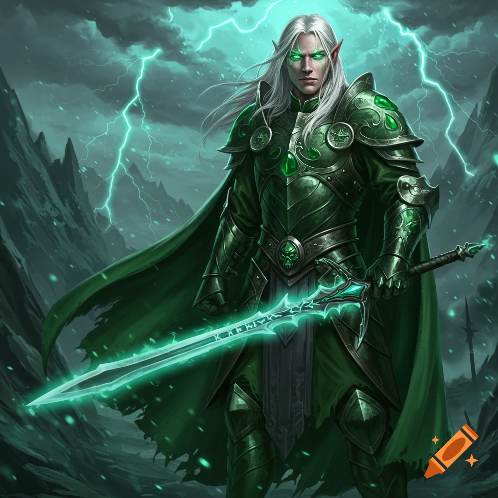 A white-haired male elf warrior with glowing green eyes, clad in intricate green armor and a cape, holds a glowing green sword amidst a stormy, mountainous landscape with teal lightning.