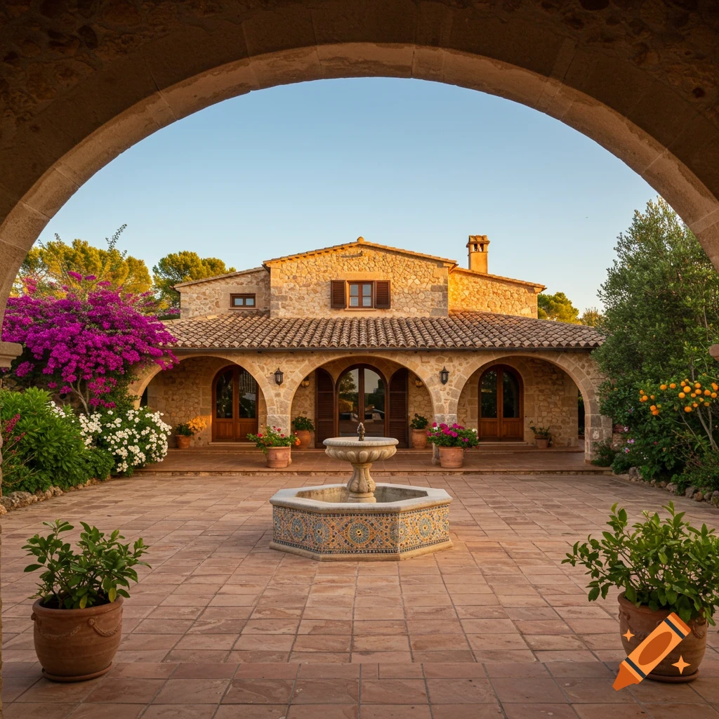 A stone house with a tiled roof and arched entrances, a courtyard with a mosaic fountain and vibrant plants, framed by a stone arch.